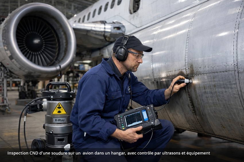 Contrôle non destructif d’une soudure aéronautique sur un avion en hangar, réalisé par ultrasons par un technicien qualifié
