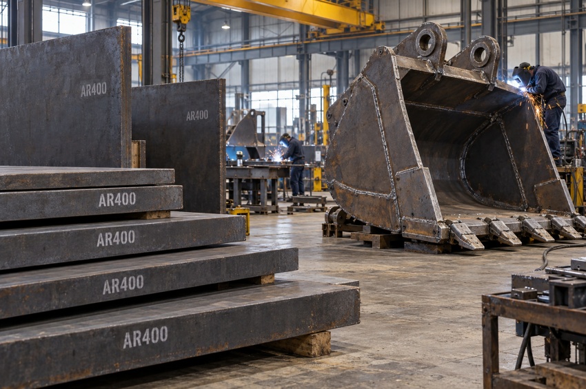 Plaques d'acier anti-abrasion AR400 près d'un godet industriel dans un atelier de fabrication