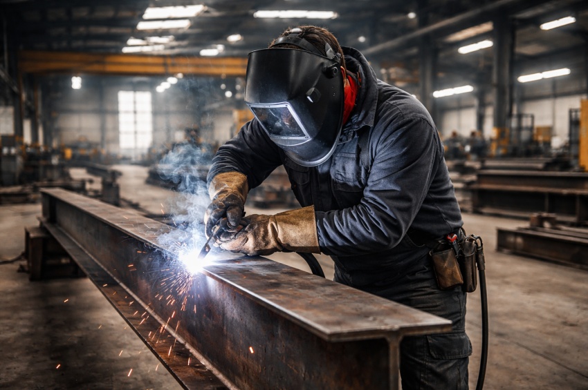 Soudeur équipé de ses EPI réalisant une soudure MAG sur un profilé IPN en acier dans un atelier industriel