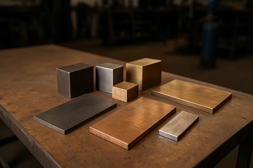 Différents métaux utilisés en soudure, dont acier, inox et alliages, disposés sur un établi d’atelier