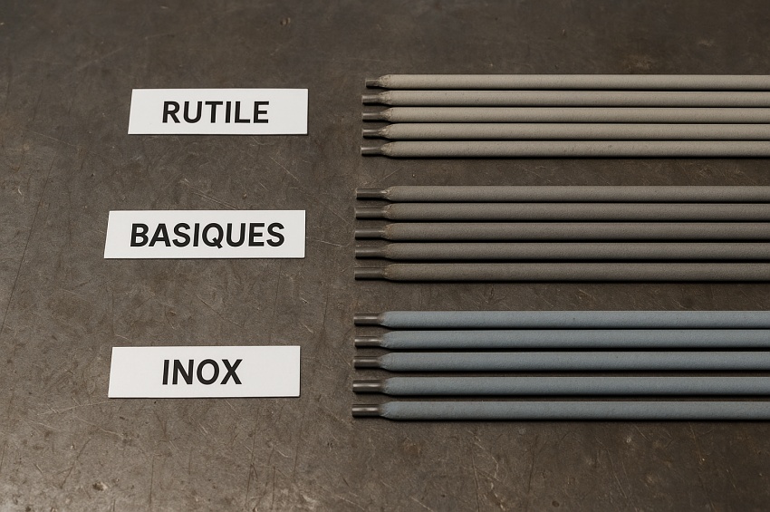 Comparaison visuelle d’électrodes enrobées MMA : rutiles (amorçage facile), basiques (haute résistance mécanique) et inox (assemblage des aciers inoxydables), alignées sur une table de travail en atelier.