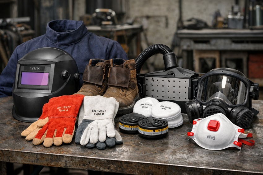 Équipements de protection individuelle pour soudeurs disposés sur une table d’atelier : cagoule, gants EN 12477, chaussures de sécurité et protections respiratoires.