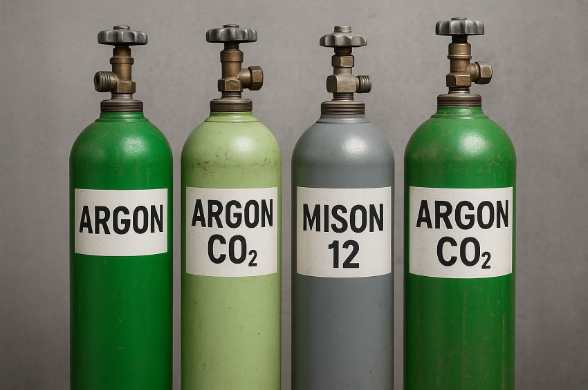 Lot de différentes bouteilles de gaz pour le soudage MIG/MAG en atelier, argon pur et mélanges argon + CO₂ utilisés selon la méthode de soudage.