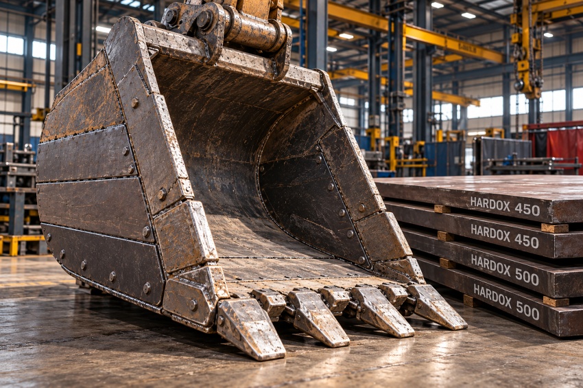 Godet d'engin de chantier équipé de tôles d'usure en acier anti-abrasion Hardox