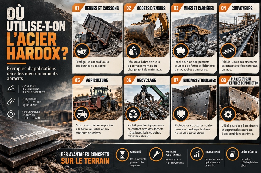 Infographie des applications de l'acier Hardox : godets, bennes, mines, convoyeurs, agriculture, recyclage, blindages et plaques d'usure