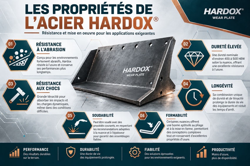 Infographie des propriétés de l'acier Hardox : dureté Brinell, résistance à l'abrasion et aux chocs, soudabilité, formabilité et longévité
