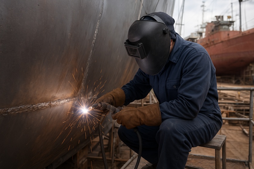 Soudeur en train de réaliser une soudure sur la coque d'un bateau dans un chantier naval