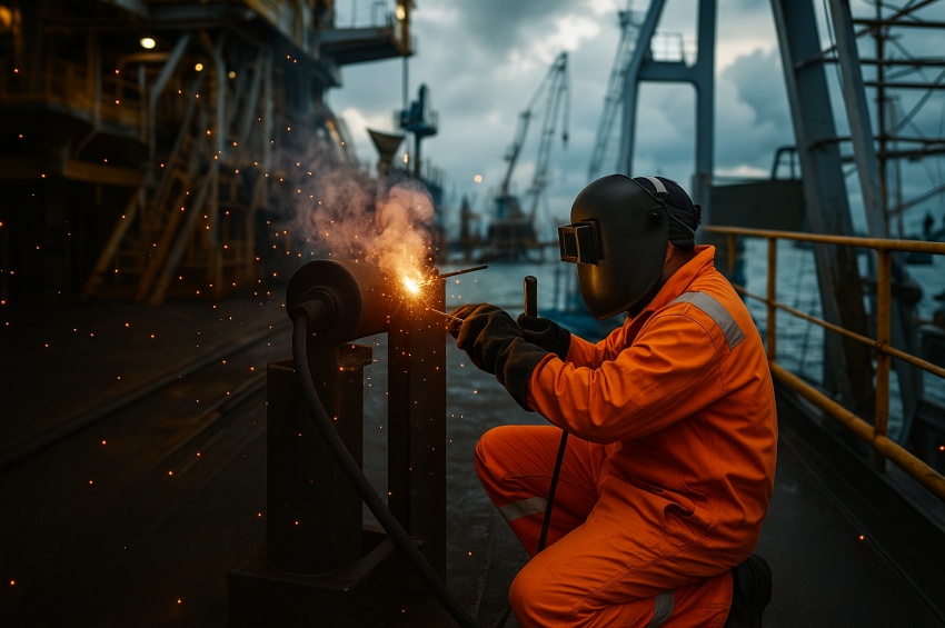 Opération de soudage sur structure pétrolière en mer, réalisée par un soudeur équipé sur plateforme offshore