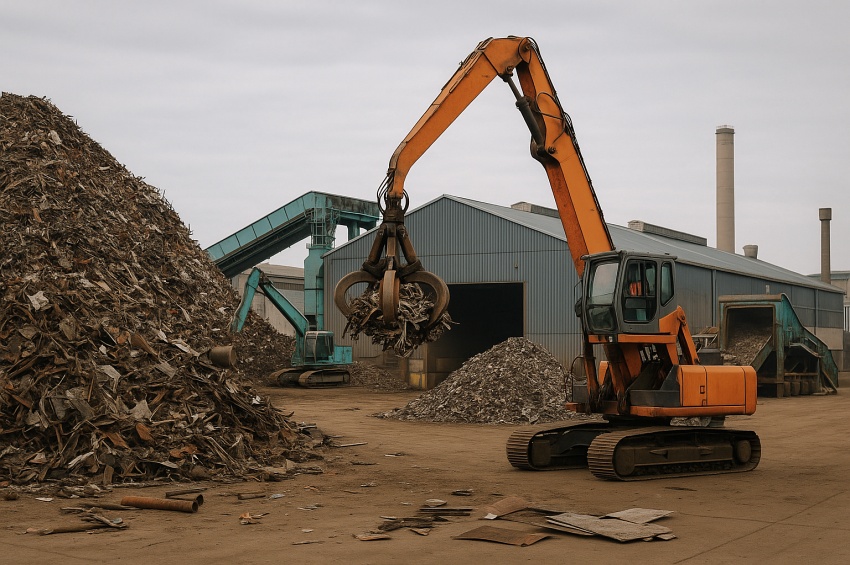 Centre de recyclage : engin de tri manipulant une pile de ferraille avant préparation et refonte en aciérie.
