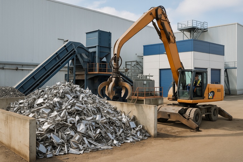 Centre de traitement des inox recyclés avec tri mécanique et tas de métal inoxydable