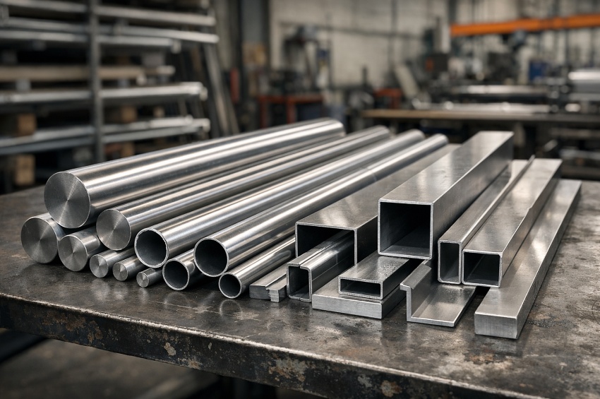 Vue rapprochée de tiges, tubes et profilés en acier inoxydable sur une table de travail en entrepôt industriel (illustration des nuances 304, 316 et 430)