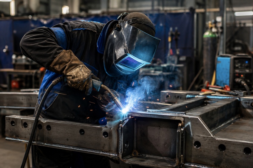 Soudeur travaillant sur une pièce de chaudronnerie avec un procédé de soudage industriel