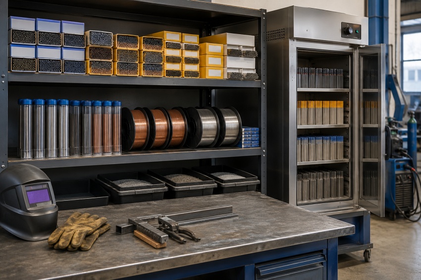 Stockage organisé de consommables de soudage en atelier