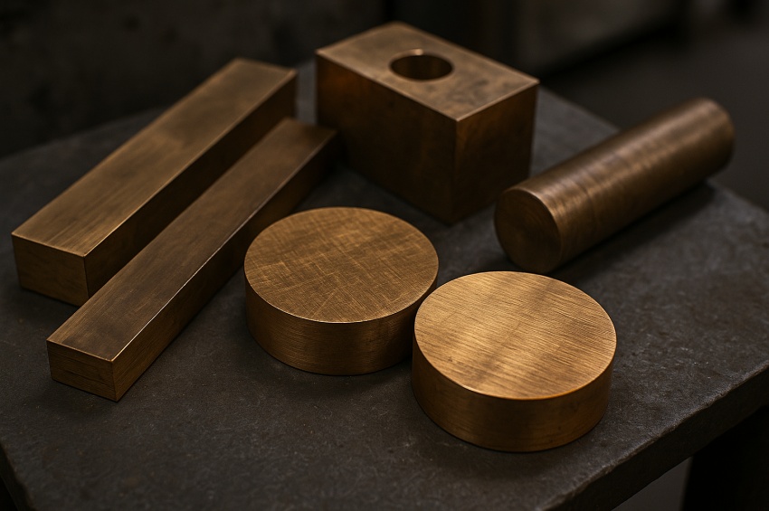 Pièces de bronze découpées et patinées dans un atelier de métallurgie, prêtes pour la mise en forme ou la coulée