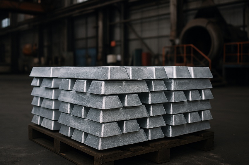 Empilement de lingots de magnésium brut à la teinte argentée, disposés sur une palette en bois au centre d’un atelier industriel, avec en arrière-plan les fours et équipements de fusion utilisés pour l’affinage et l’alliage du métal