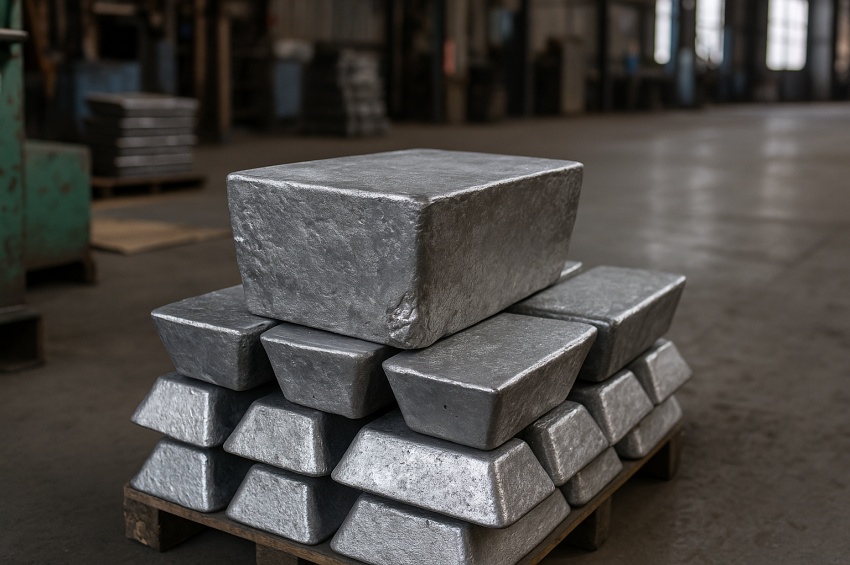 Empilement de lingots de plomb gris à la surface légèrement oxydée, disposés sur une palette en bois dans une usine métallurgique, sous un éclairage naturel filtrant à travers les grandes fenêtres du hangar