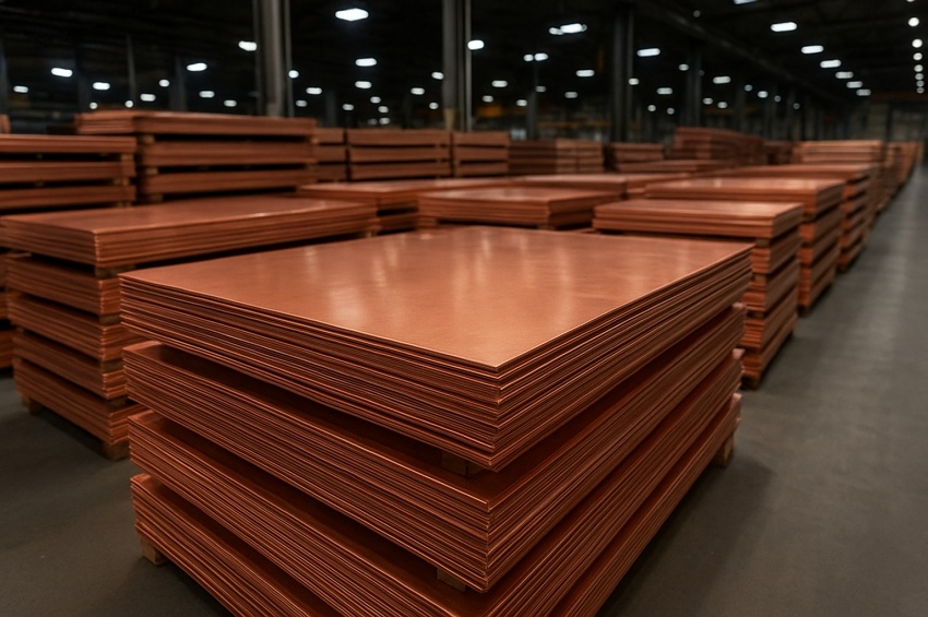 Stock de plaques de cuivre empilées dans un entrepôt, illustrant la production et la distribution du métal
