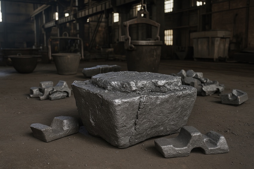 Bloc de fonte brute et lingots solidifiés après fusion du minerai de fer, stockés dans un atelier de fonderie industrielle au cœur d’un site sidérurgique