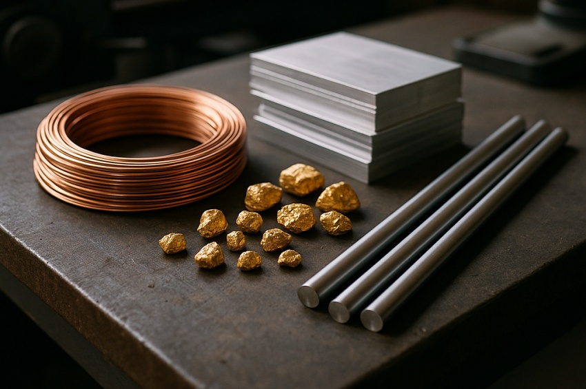 Ensemble de métaux posés sur une table d’atelier, mettant en valeur la diversité des matériaux utilisés en soudage et en fabrication