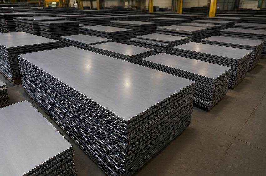 Plaques de titane massives alignées dans un entrepôt industriel, destinées à la fabrication de pièces aéronautiques et mécaniques de haute précision.
