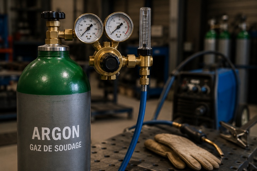 Bouteille de gaz de soudage avec détendeur, manomètre et flexible de raccordement
