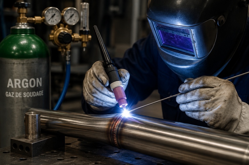 Soudage TIG avec protection gazeuse à l’argon sur une pièce métallique