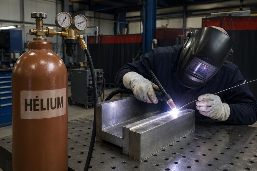 Soudage avec gaz hélium ou mélange argon hélium sur une pièce métallique épaisse