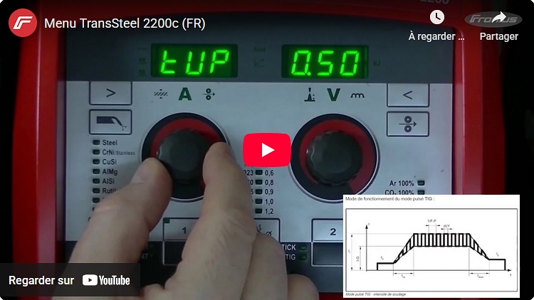 Capture de la vidéo tutoriel du Fronius TransSteel 2200, avec présentation du menu, des réglages et de la bonne marche du poste à souder 3 en 1 Mig/MAG - TIG et MMA