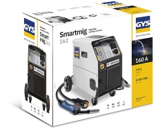 Boîte d’emballage du poste à souder GYS SMARTMIG 162, illustrant le carton d’origine et les principales caractéristiques du produit imprimées sur la face avant