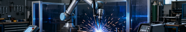 Robot collaboratif réalisant une opération de soudage MIG MAG dans un atelier industriel