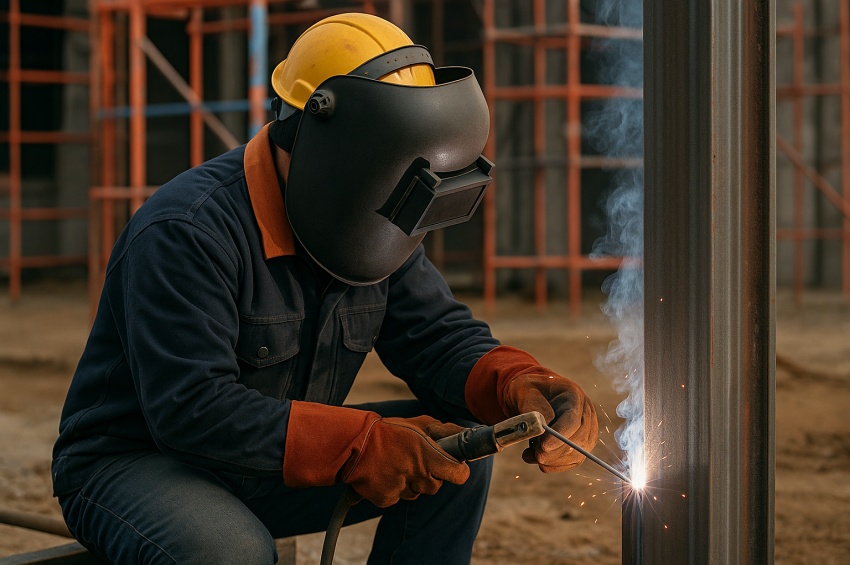 Soudeur en tenue complète de protection (cagoule, gants, veste ignifugée) en train de souder un poteau métallique sur un chantier