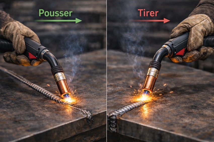 Exemple de geste en MIG/MAG pour souder l’acier en poussant ou en tirant selon l’objectif.