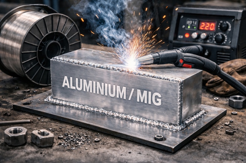 Soudage de l’aluminium au procédé MIG avec torche en action et arc électrique