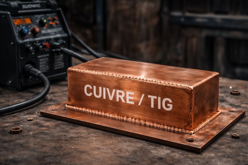 Soudage du cuivre au procédé TIG avec cordon de soudure sur pièce en cuivre dans un atelier de métallurgie.
