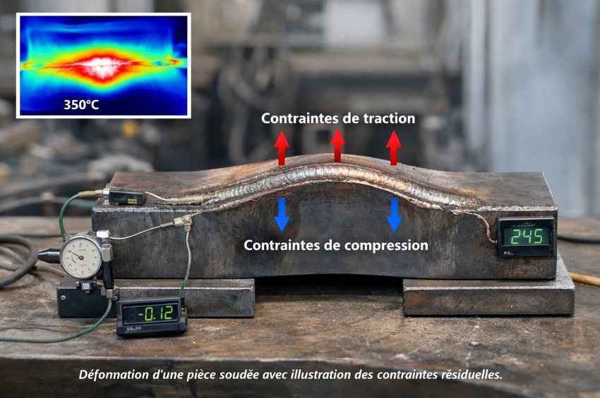 Déformation d’une pièce métallique après soudage illustrant les contraintes résiduelles de traction et de compression