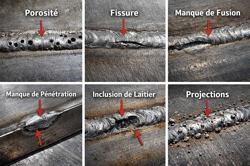 Principaux défauts de soudage sur un cordon : porosité, fissure, manque de fusion, manque de pénétration, inclusion de laitier et projections