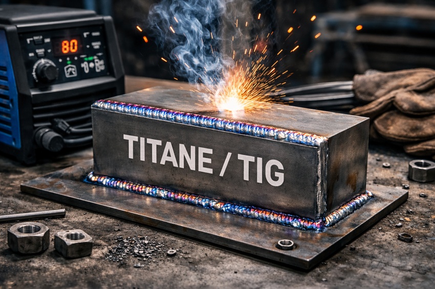 Soudage du titane au procédé TIG avec cordon multicolore typique sur une pièce métallique, poste TIG visible dans un atelier de soudure.