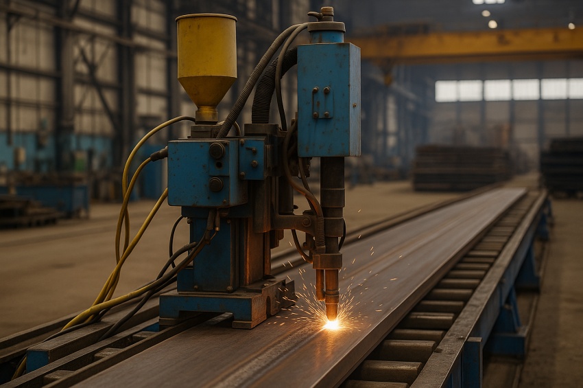 Machine de soudage SAW effectuant une soudure automatique sur une poutre d’acier dans un atelier industriel