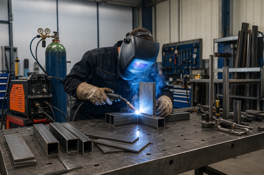 Soudeur équipé travaillant en atelier avec poste à souder, torche, gaz et pièces métalliques préparées