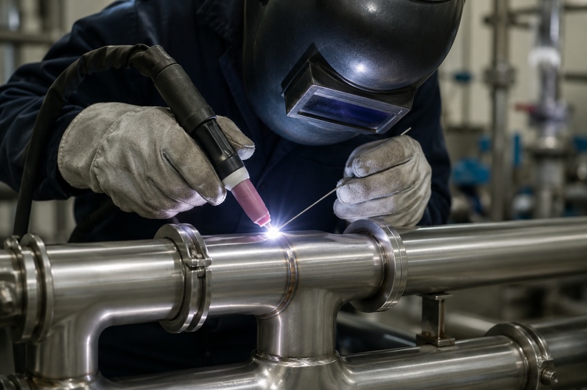 Soudeur TIG réalisant une soudure propre sur une tuyauterie inox industrielle