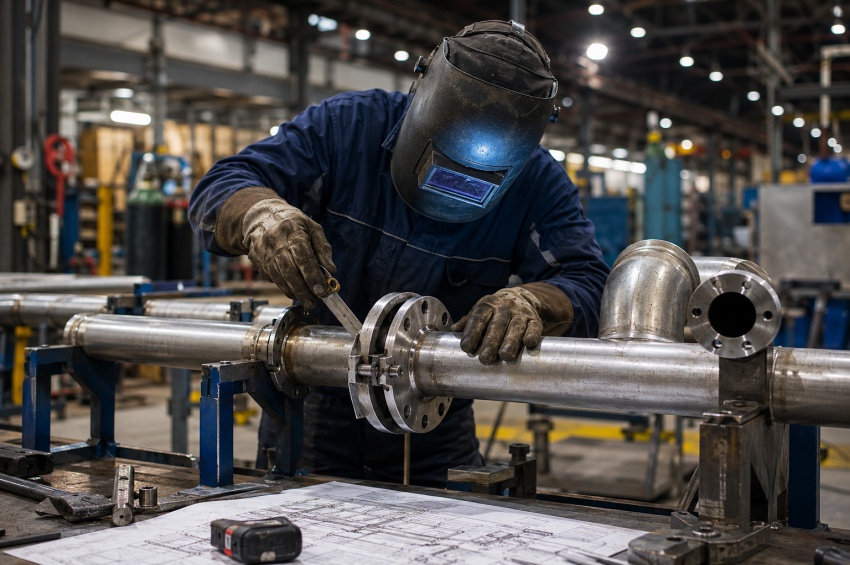Soudeur tuyauteur réalisant une soudure sur un réseau de tuyauterie industrielle