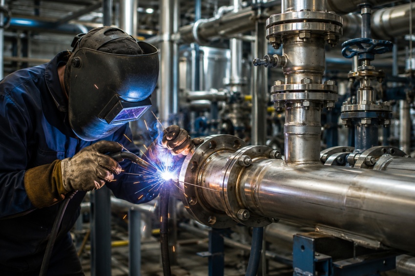Soudeur réalisant une soudure sur une tuyauterie industrielle en atelier